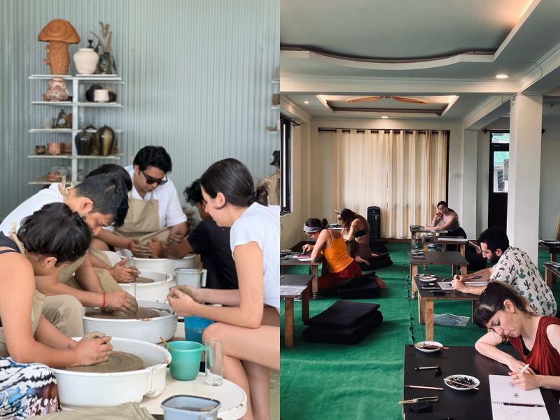 Participants engaged in hands-on pottery at Dharamkot Studio Participants engaged in hands-on pottery at Dharamkot Studio and focused sketching workshops at Science of Sketching  in Dharamkot, Himachal Pradesh, combining physical creativity with mindful expression as part of a holistic learning program.