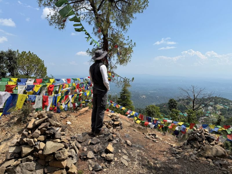 Man standing among Tibetan prayer flags on a rocky hilltop in Dharamkot, Himachal Pradesh, overlooking the expansive Kangra Valley Man standing among Tibetan prayer flags on a rocky hilltop in Dharamkot, Himachal Pradesh, overlooking the expansive Kangra Valley under a bright blue sky.