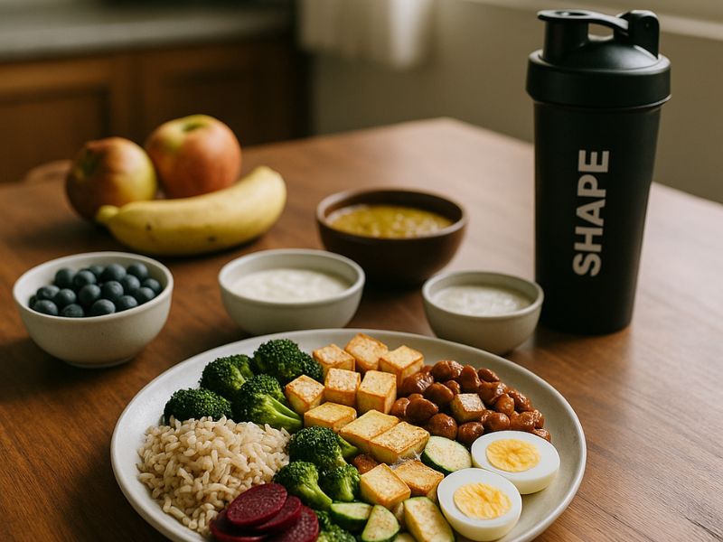 High-performance vegetarian meal for athletes High-performance vegetarian meal for athletes, featuring brown rice, boiled eggs, tofu, chickpeas, broccoli, beetroot, yogurt, and fruits, with a SHAPE-branded protein shaker on a wooden table